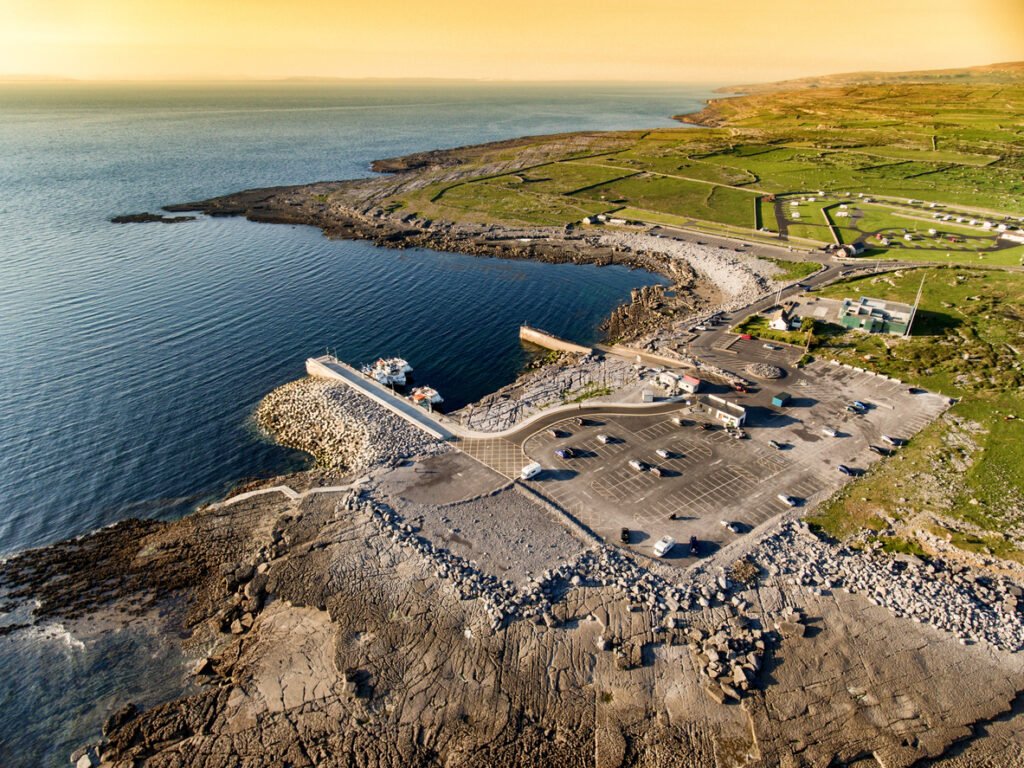 aerial view of the wild atlantic way from doolin beach and pier in county clare, ireland